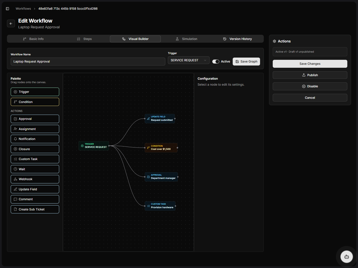 مصمّم الـ workflow في QoreDesk: قائمة خطوات بجوار لوحة رسم يظهر فيها مُشغّل طلب خدمة موصولًا بشرط تكلفة وموافقة مدير ومهمّة تجهيز.